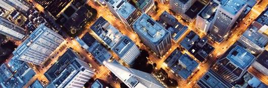 aerial view at night of San Francisco skyline